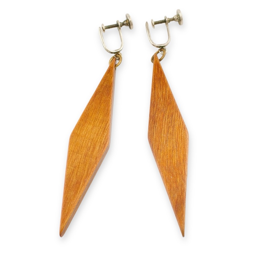 Vintage Wood Dangle Earrings Screw Back Clip On Retro Mid-Century Modern